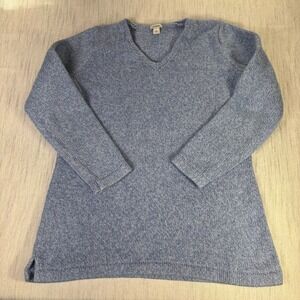 LL Bean Womens V-Neck Sweater Light Blue Marled Knit Pullover Size Large Regular